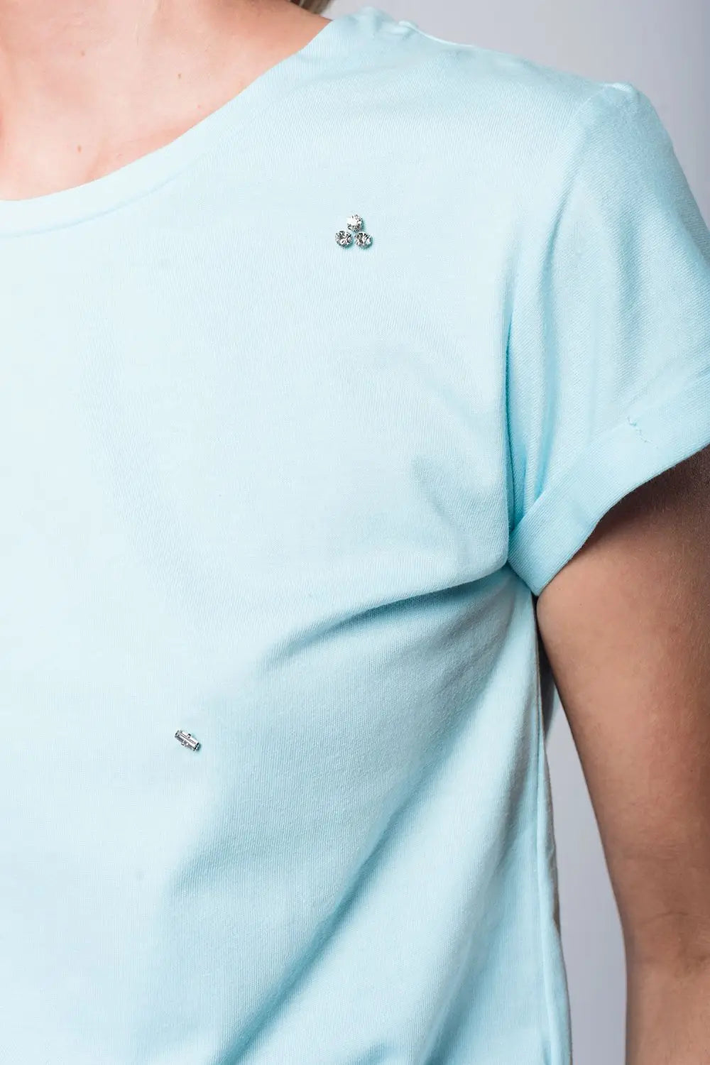 T-shirt bleu ciel détails strass - Tee-Shirt