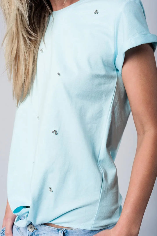 T-shirt bleu ciel détails strass - Tee-Shirt