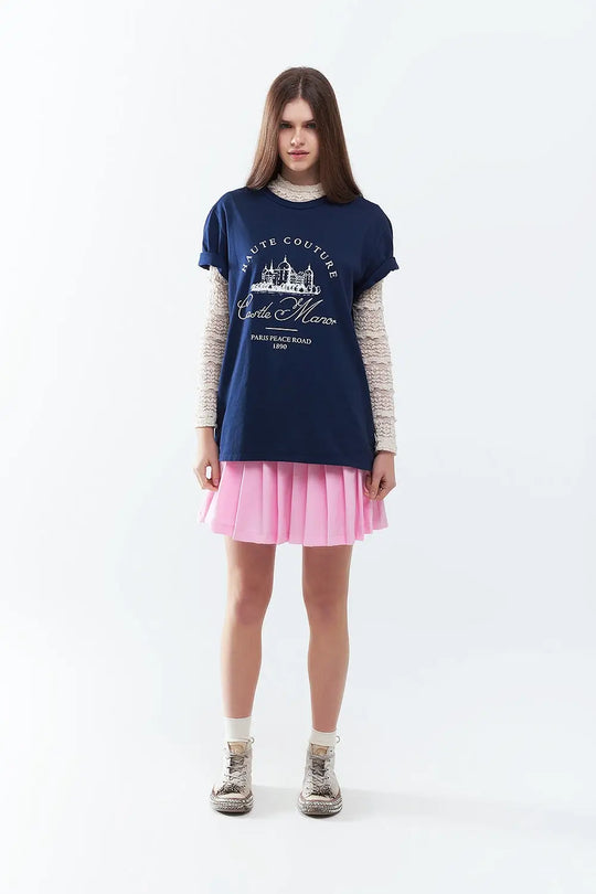 T Shirt bleu foncé avec motif Castle Manor - One Size / bleu - Tops