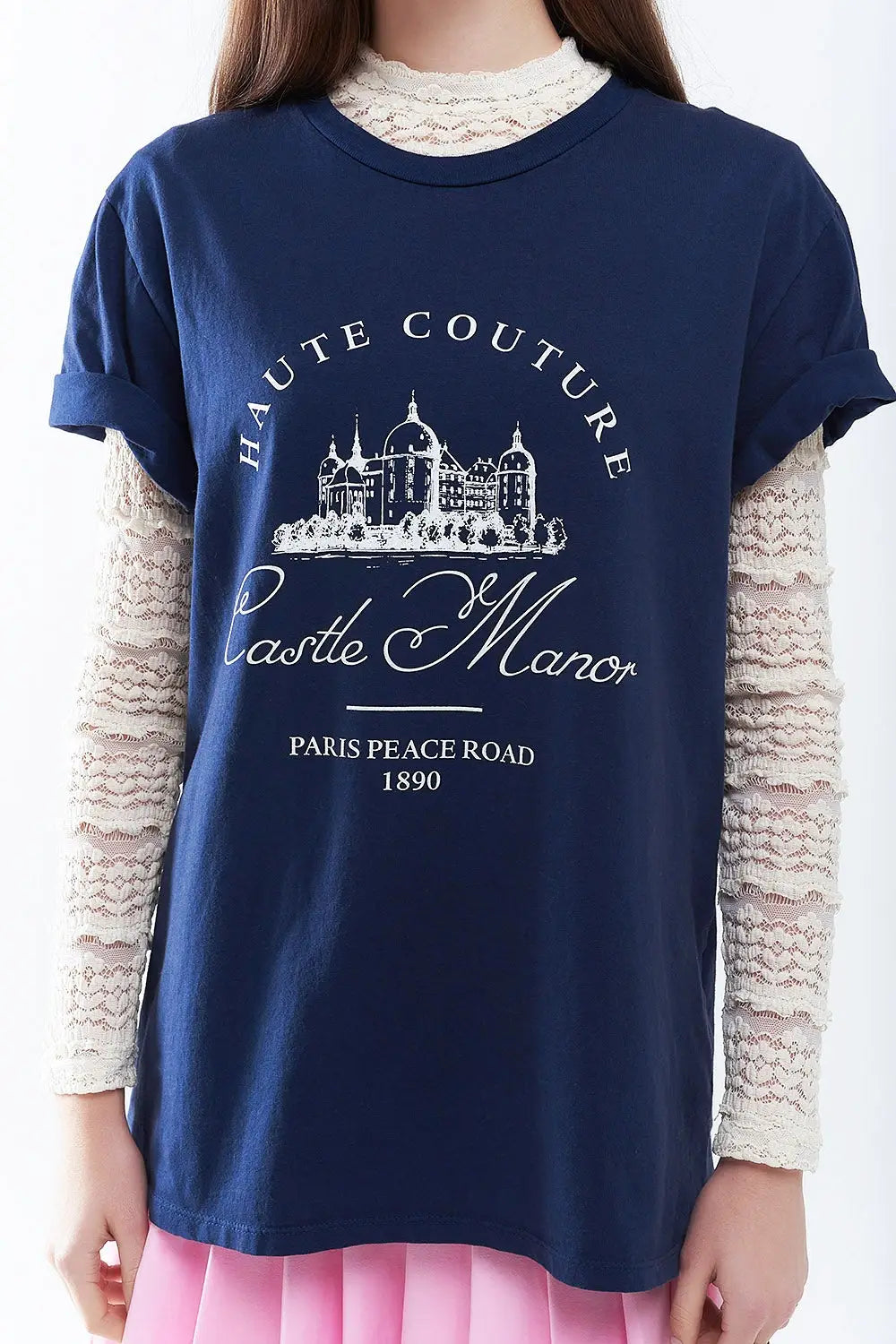 T Shirt bleu foncé avec motif Castle Manor - One Size / bleu - Tops