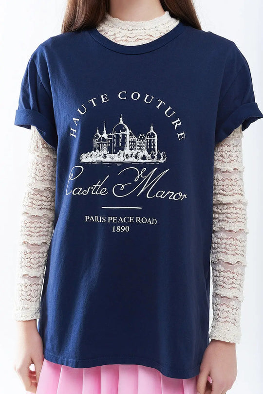 T Shirt bleu foncé avec motif Castle Manor - One Size / bleu - Tops