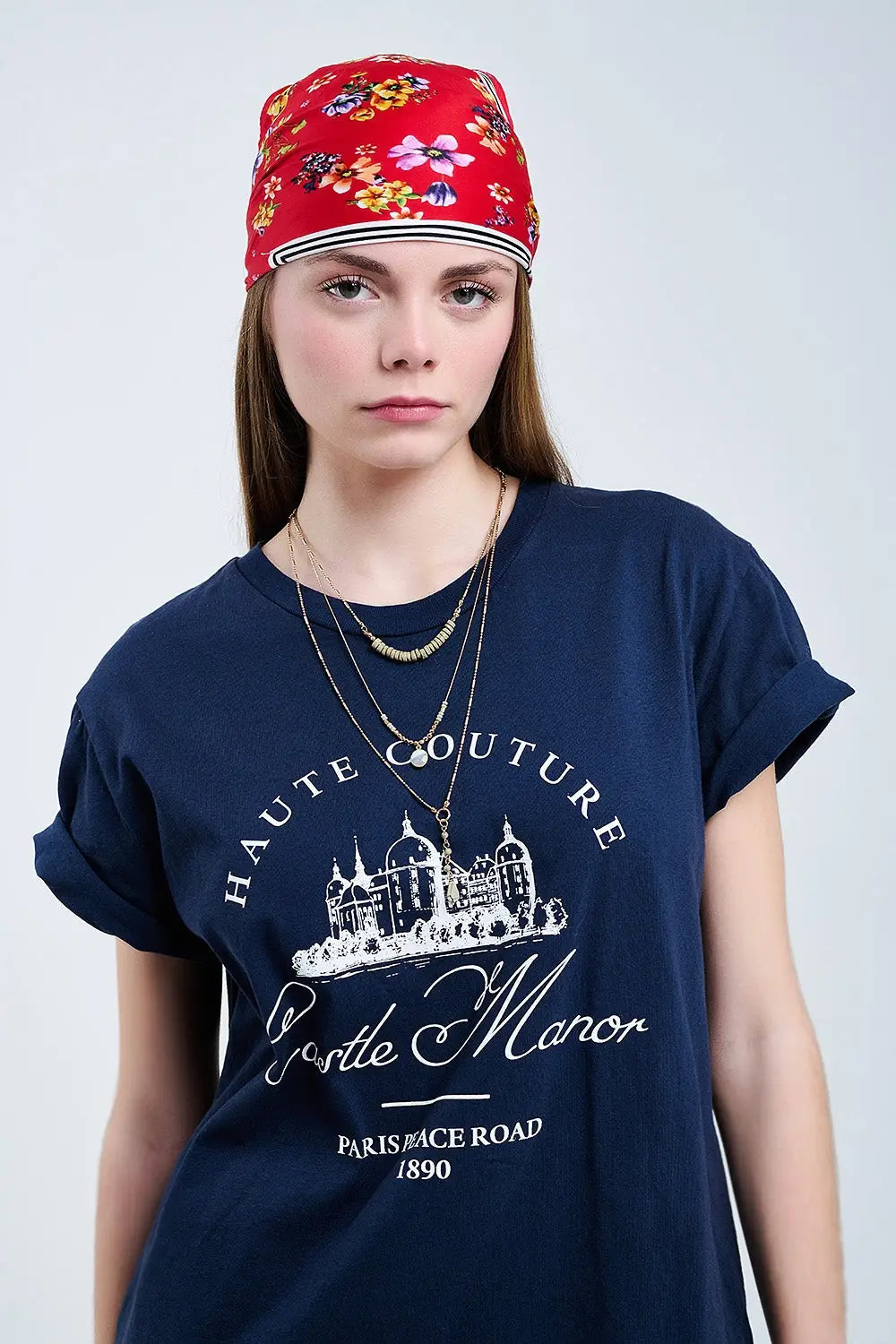 T Shirt bleu foncé avec motif Castle Manor - One Size / bleu - Tops