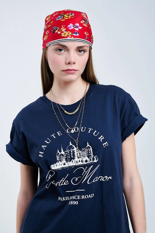 T Shirt bleu foncé avec motif Castle Manor - One Size / bleu - Tops