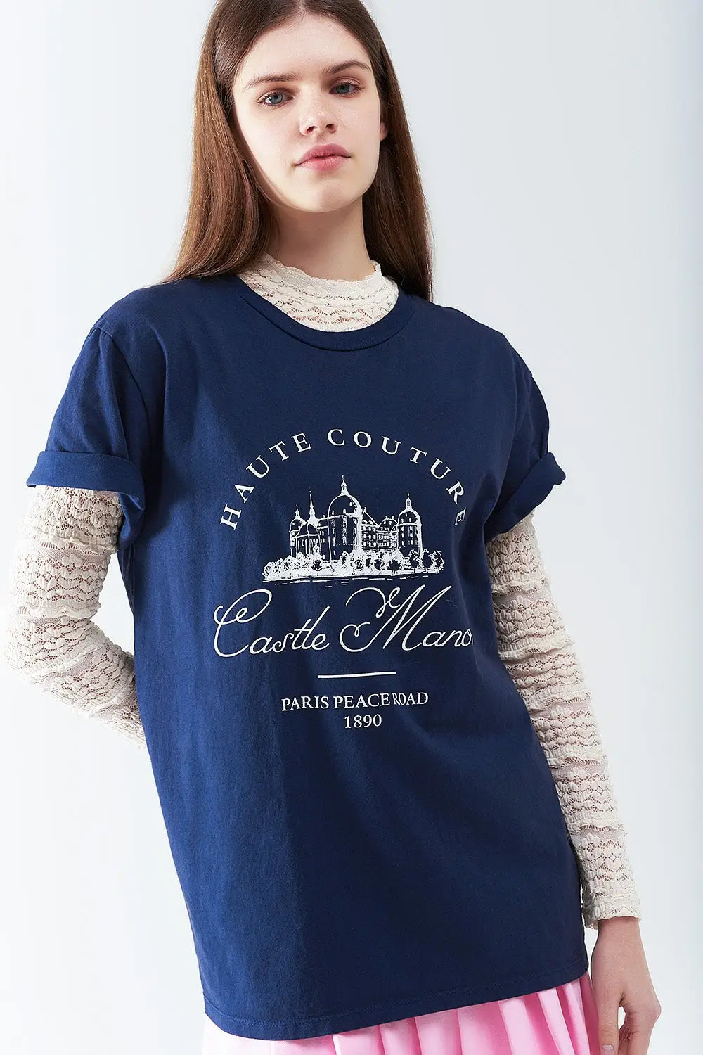 T Shirt bleu foncé avec motif Castle Manor - One Size / bleu - Tops