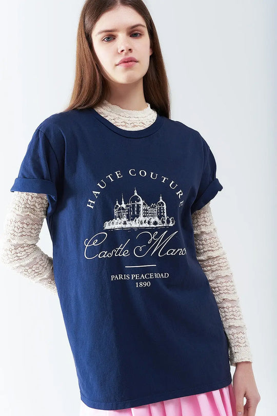 T Shirt bleu foncé avec motif Castle Manor - One Size / bleu - Tops