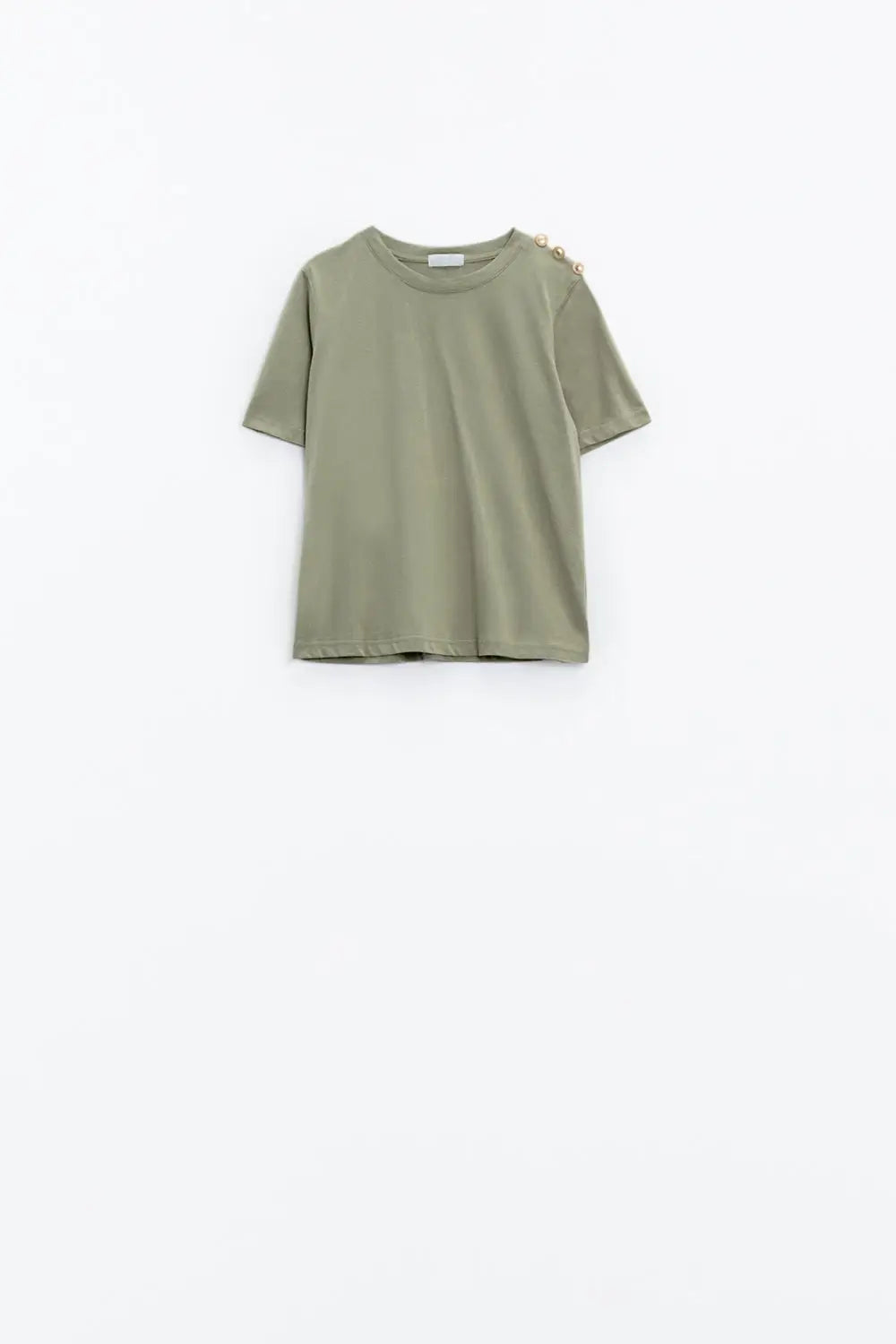 T-Shirt kaki avec bouton doré sur l’épaule - Tops