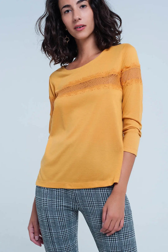 T-shirt mustard à manches 3/4 à bordure frangée - Tops