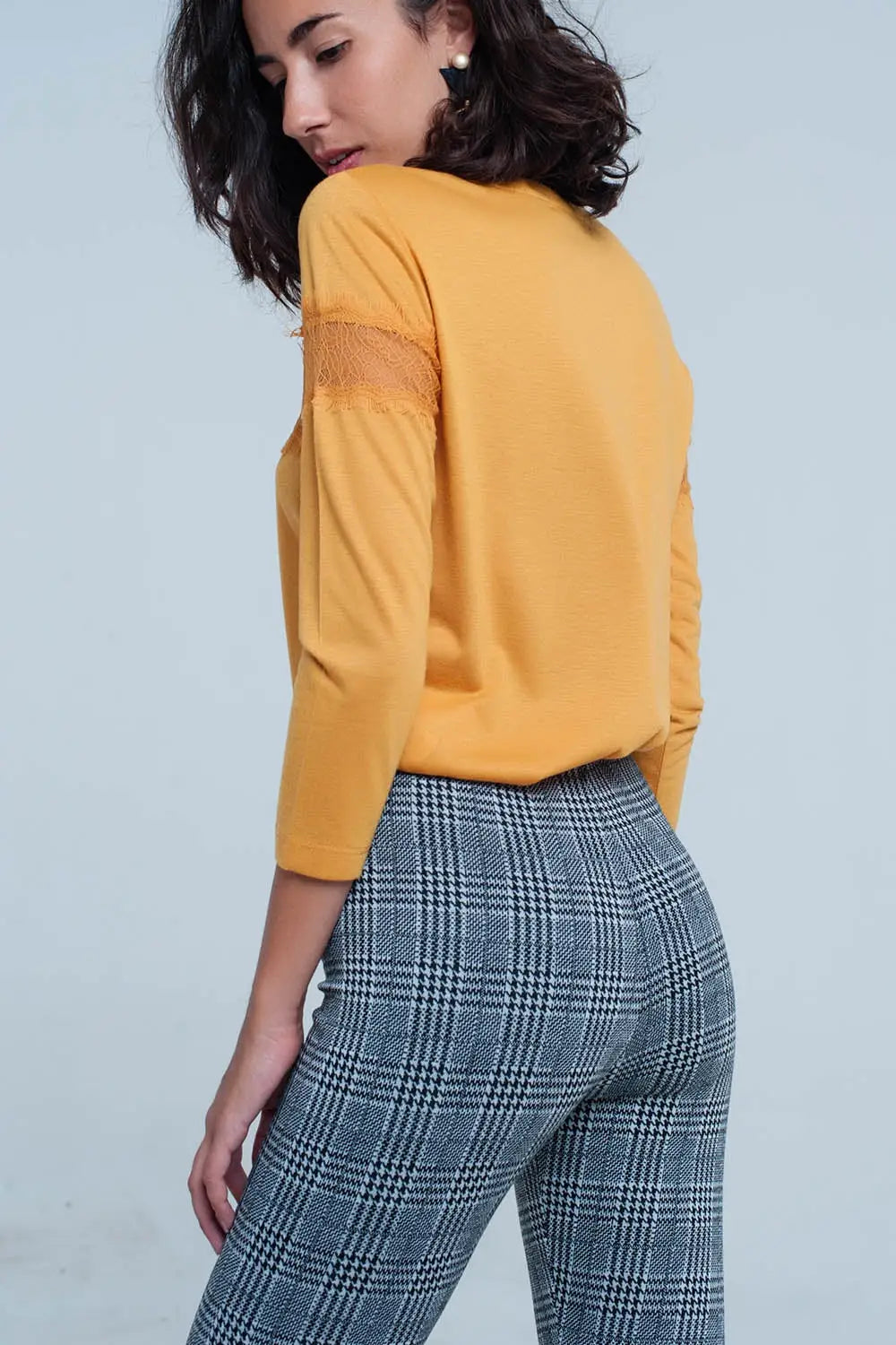 T-shirt mustard à manches 3/4 à bordure frangée - Tops