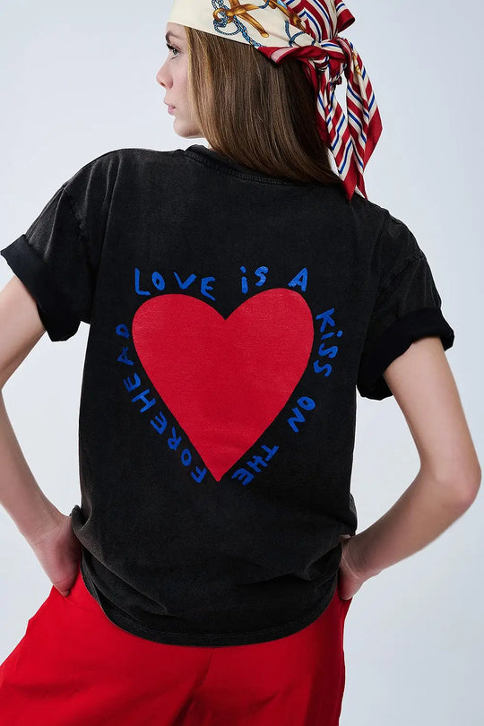 T-shirt noir orné d’un motif en forme de cœur sur le devant et dans le dos - One Size / Negro - Tops