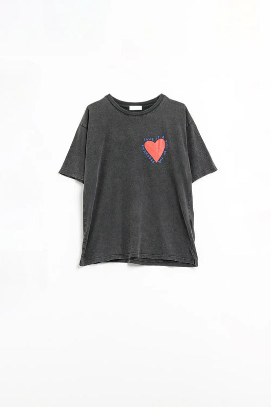 T-shirt noir orné d’un motif en forme de cœur sur le devant et dans le dos - One Size / Negro - Tops