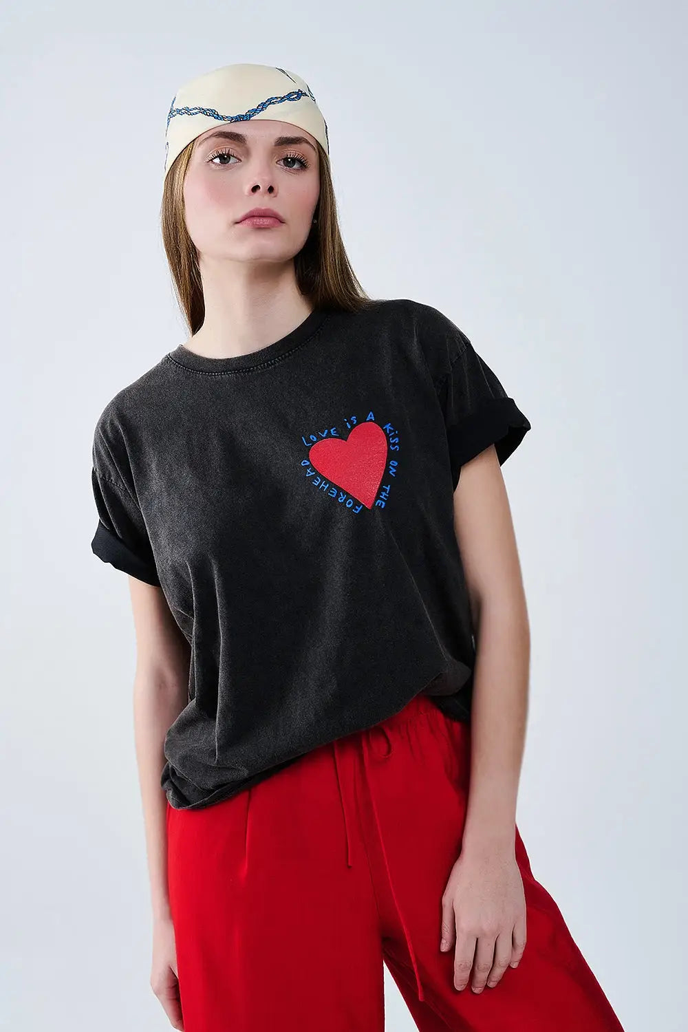 T-shirt noir orné d’un motif en forme de cœur sur le devant et dans le dos - One Size / Negro - Tops