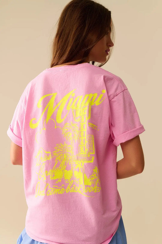 T-shirt rose avec logo Miami imprimé en jaune - One Size / rose - Tops