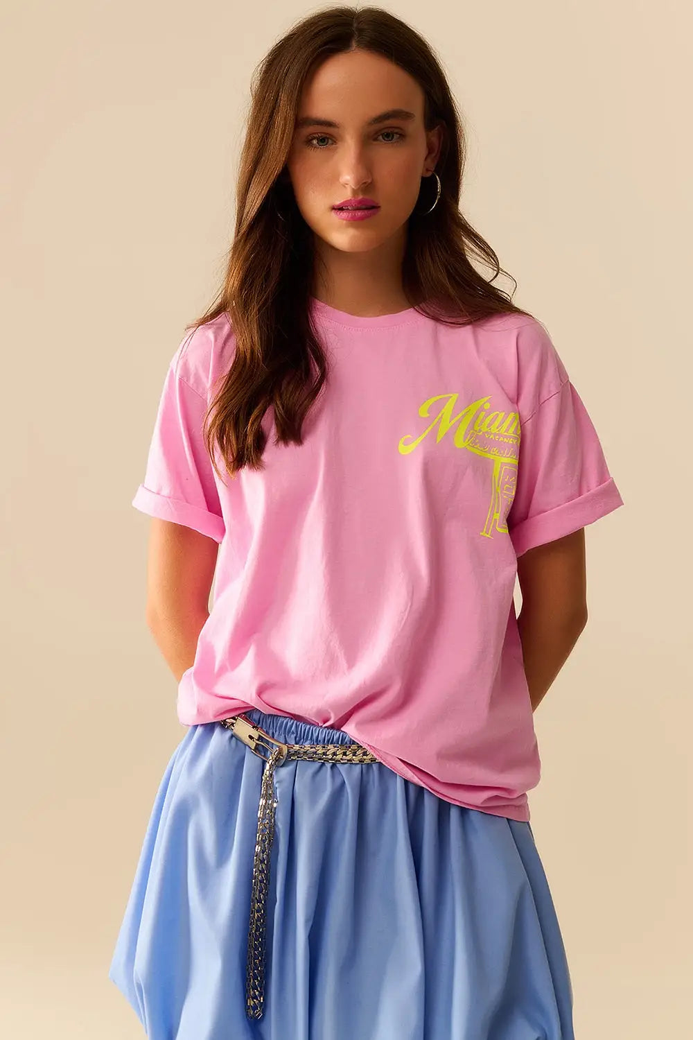 T-shirt rose avec logo Miami imprimé en jaune - One Size / rose - Tops