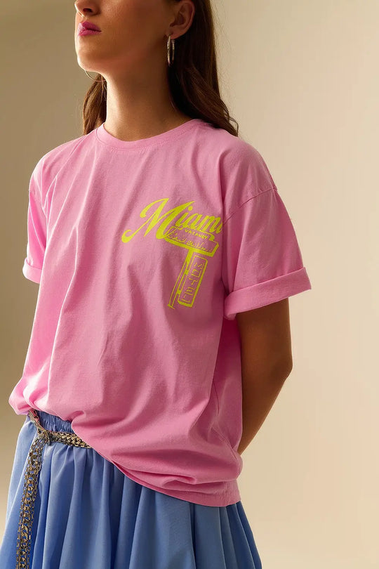 T-shirt rose avec logo Miami imprimé en jaune - One Size / rose - Tops