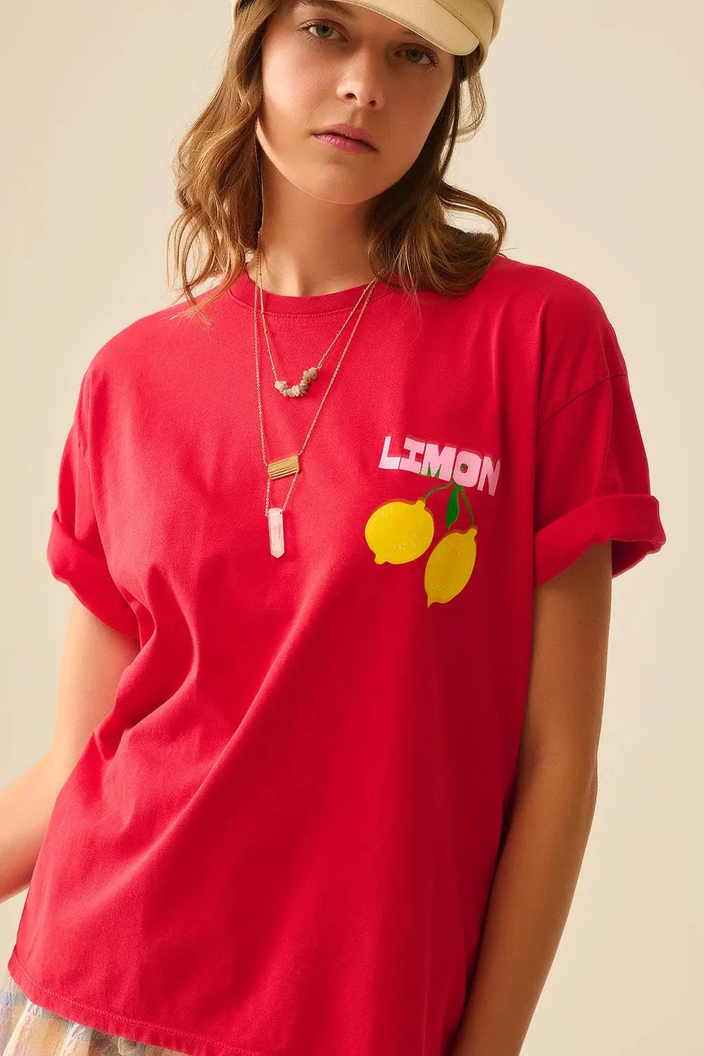 T-shirt rouge décontracté avec imprimé citron fabriqué en Italie - One Size / rouge - Tops