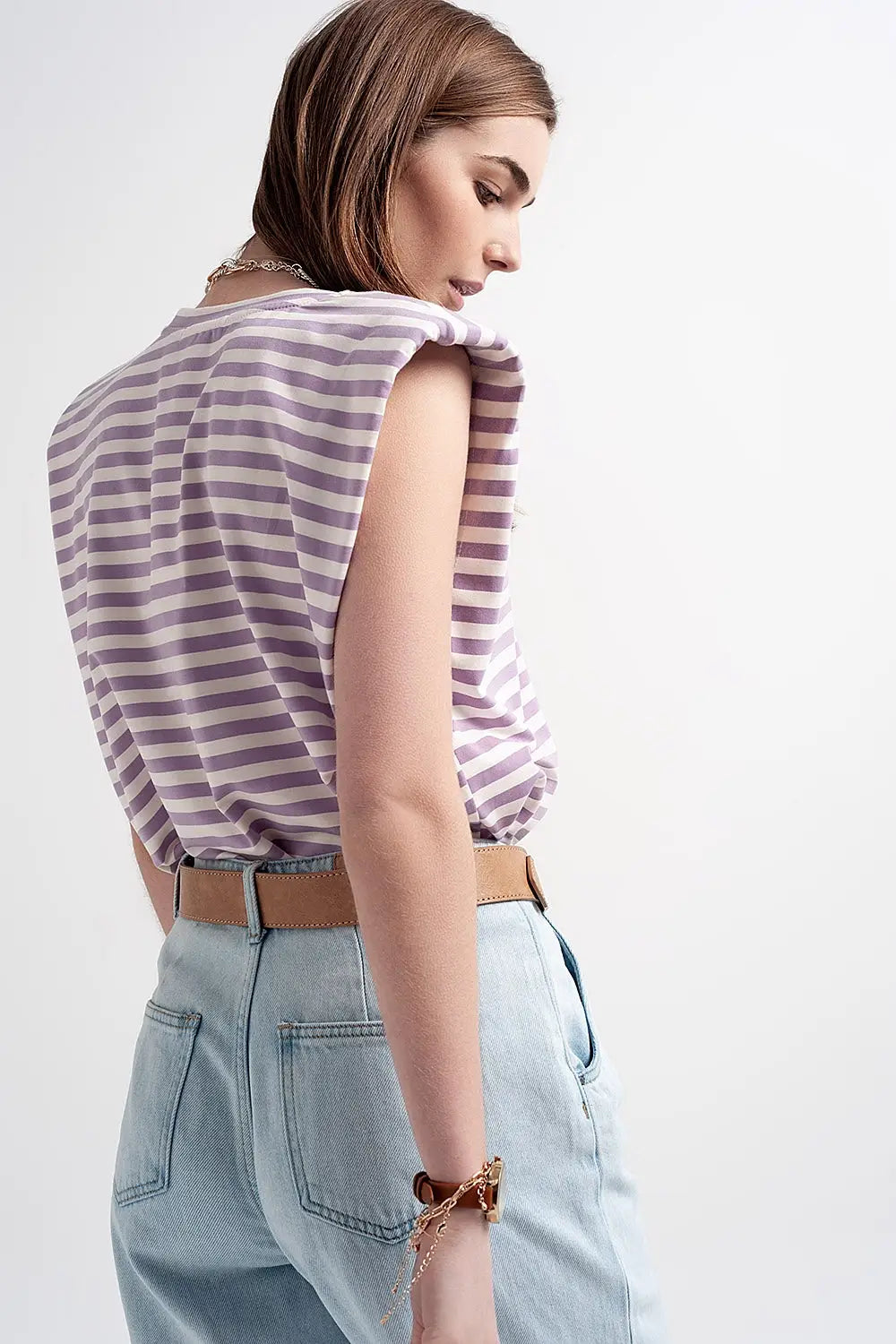 T-shirt sans manches à rayures avec épaulettes violette - Tops