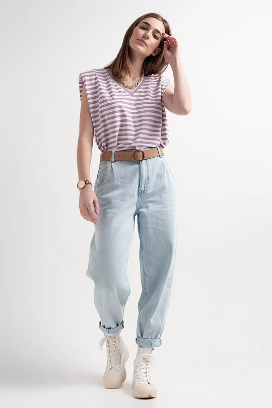 T-shirt sans manches à rayures avec épaulettes violette - Tops