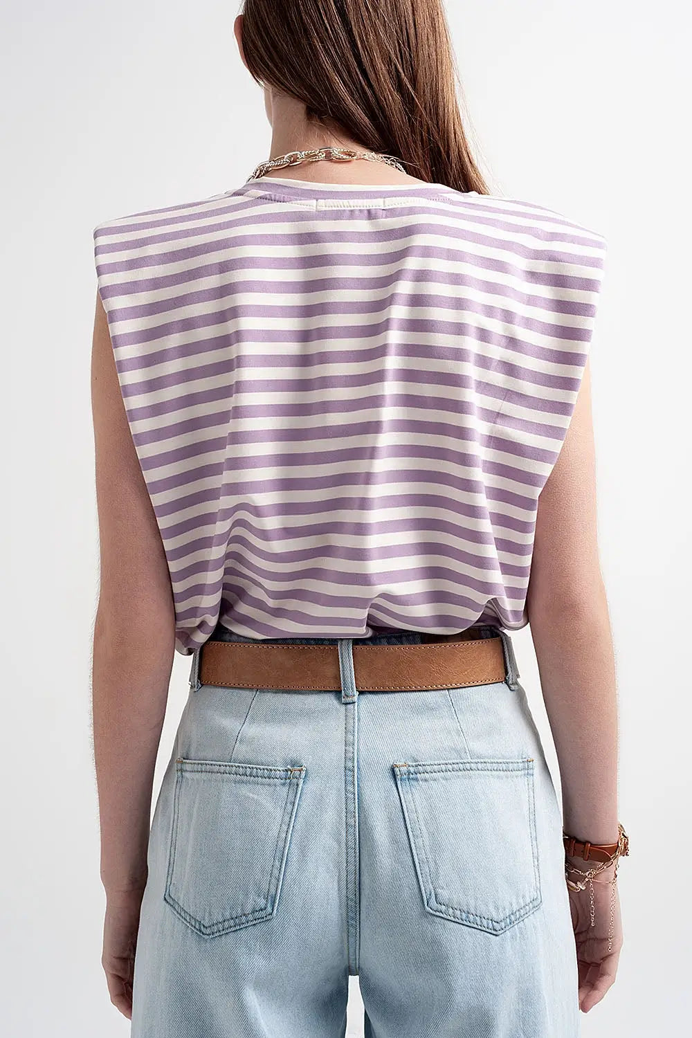 T-shirt sans manches à rayures avec épaulettes violette - Tops