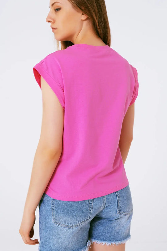 T-shirt sans manches avec détail en strass rose - Tops