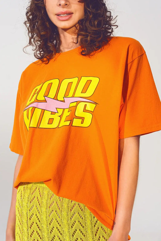 T-Shirt with Good Vibes Text in Orange - One Size / Orange - Tops