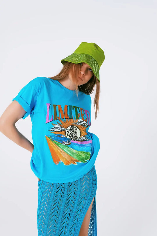 T-Shirt with Limited Graphic Print in Blue - One Size / Blue - Tops