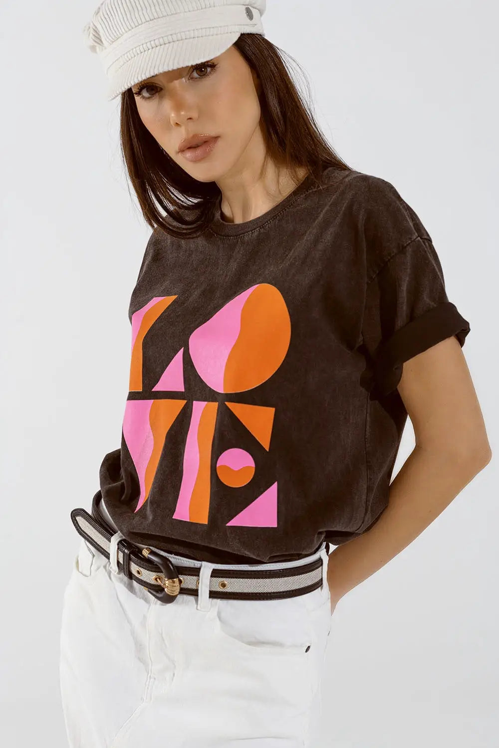 T-shirt with LOVE art deco digital print in washed black - One Size / Black - Tops