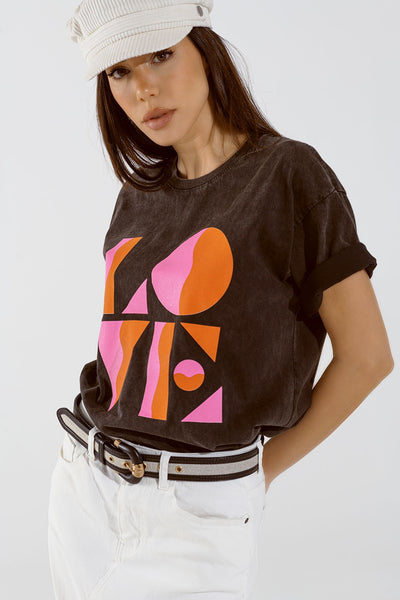 T-shirt with LOVE art deco digital print in washed black