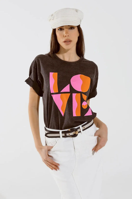 T-shirt with LOVE art deco digital print in washed black - One Size / Black - Tops