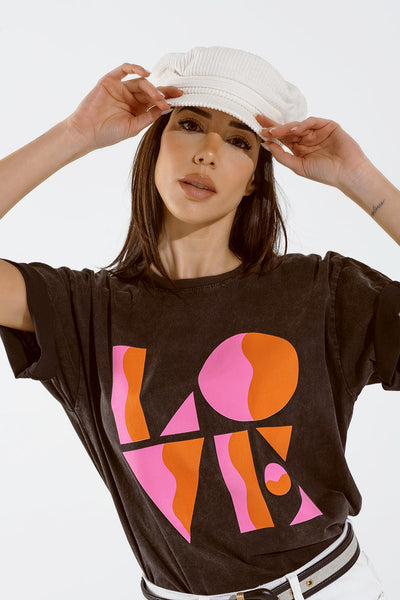 T-shirt with LOVE art deco digital print in washed black