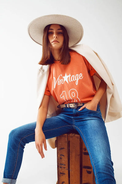 Q2 T-Shirt with Vintage 18 Text in orange
