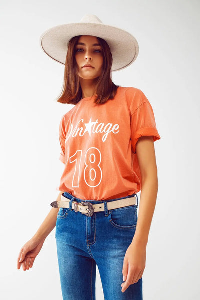 T-Shirt with Vintage 18 Text in orange - One Size / Orange - Tops