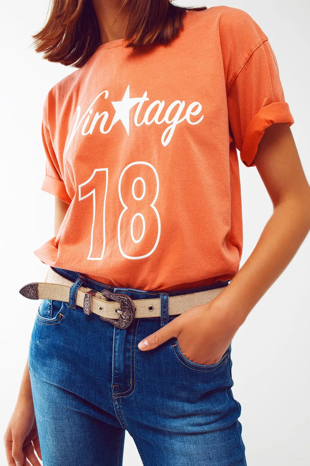 T-Shirt with Vintage 18 Text in orange - One Size / Orange - Tops