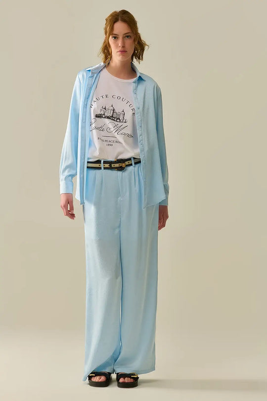 Tailored satin Pants With Wide Leg in Baby Blue - Pants