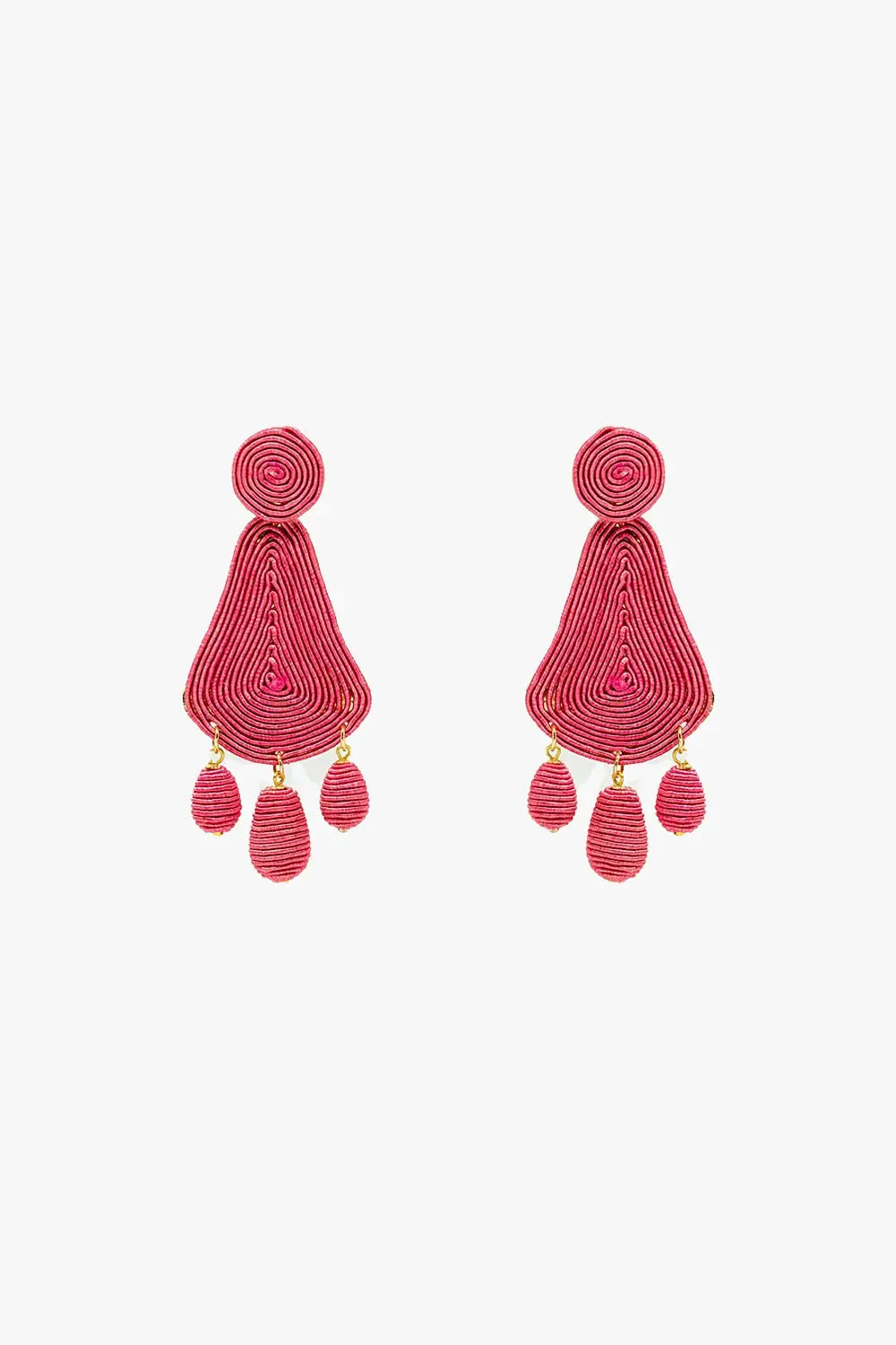 Q2 Tear drop Rafia Earrings With Oval Beads In Fuchsia