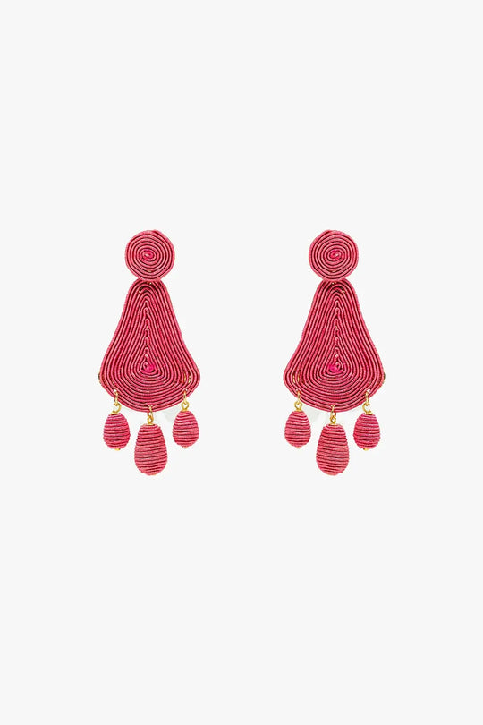 Q2 Tear drop Rafia Earrings With Oval Beads In Fuchsia