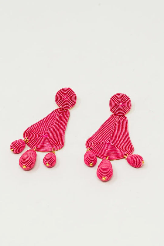 Tear drop Rafia Earrings With Oval Beads In Fuchsia - One Size / Fuchsia - Accesory
