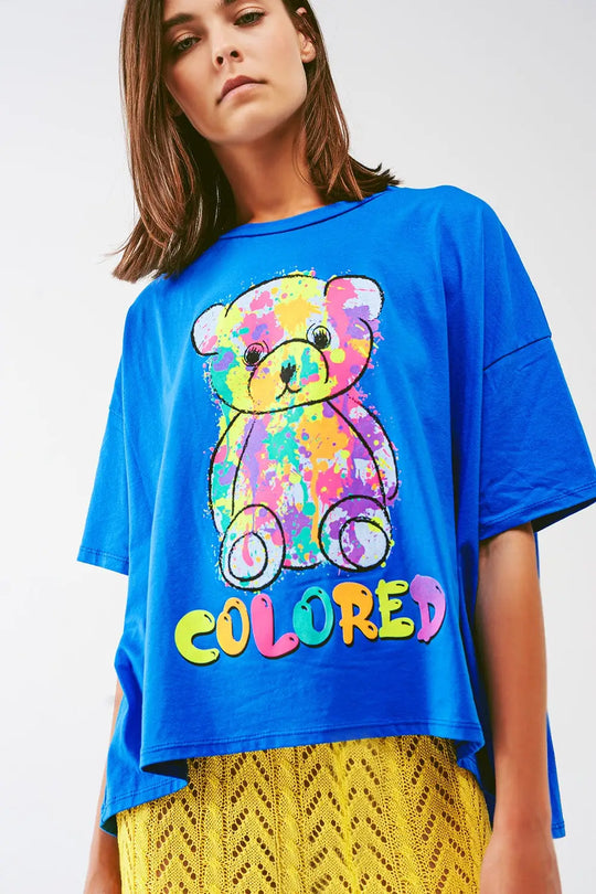 tee-shirt bleu ample avec ours coloré - One Size / bleu - Tops