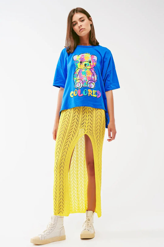 tee-shirt bleu ample avec ours coloré - One Size / bleu - Tops