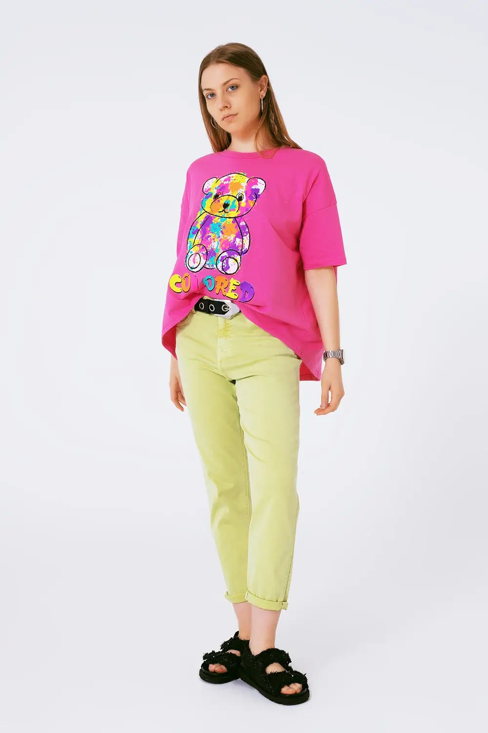 tee-shirt fuchsia ample avec ours coloré - One Size / rose - Tops