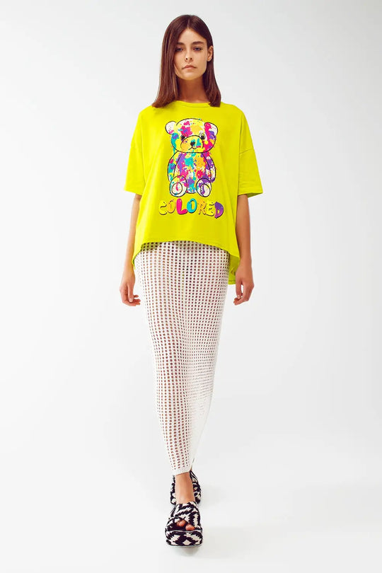 tee-shirt lime ample avec ours coloré - One Size / vert - Tops
