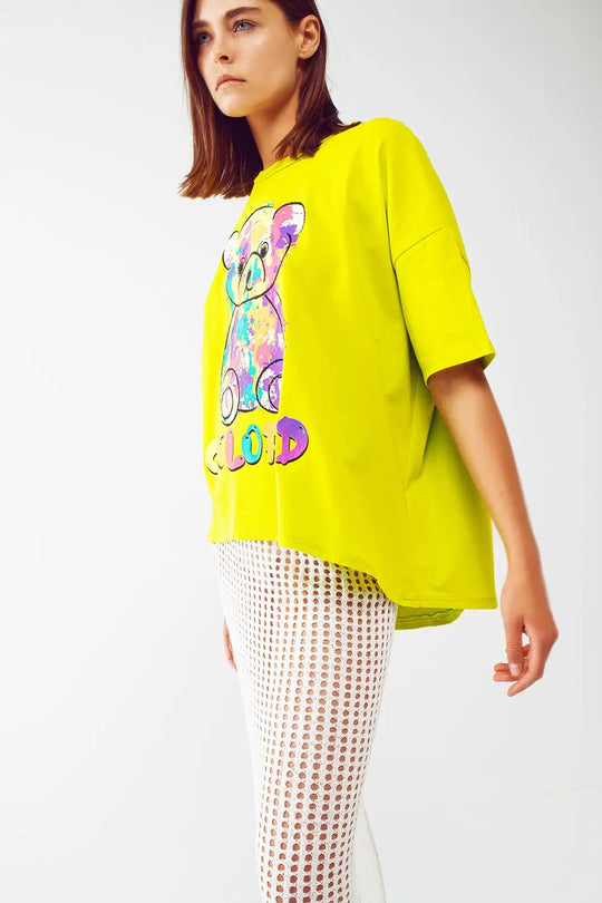tee-shirt lime ample avec ours coloré - One Size / vert - Tops