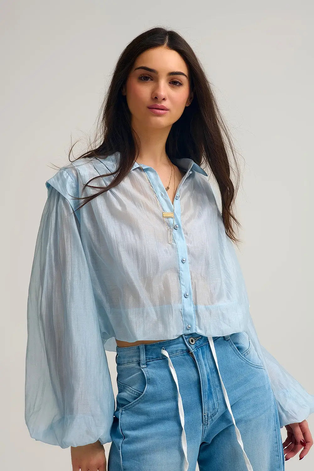 Tencel Silk Blouse in blue with Balloon Sleeves and nacar Buttons - Shirts