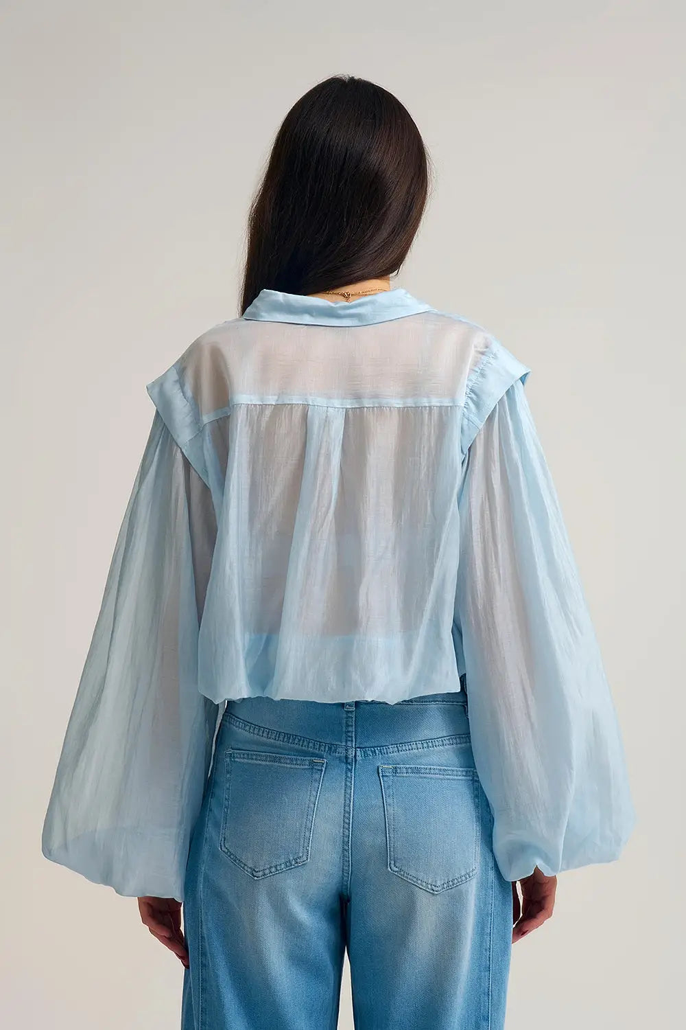 Tencel Silk Blouse in blue with Balloon Sleeves and nacar Buttons - Shirts