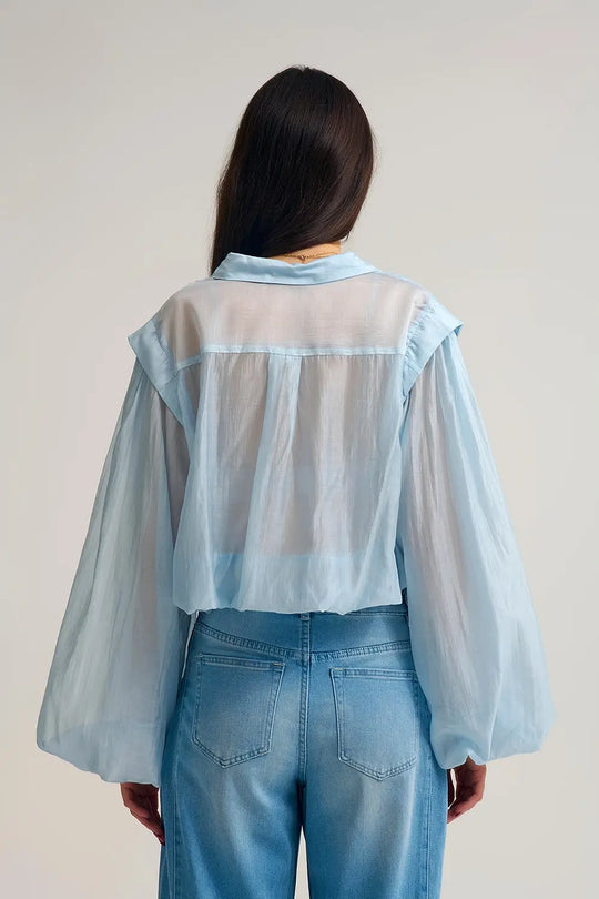 Tencel Silk Blouse in blue with Balloon Sleeves and nacar Buttons - Shirts