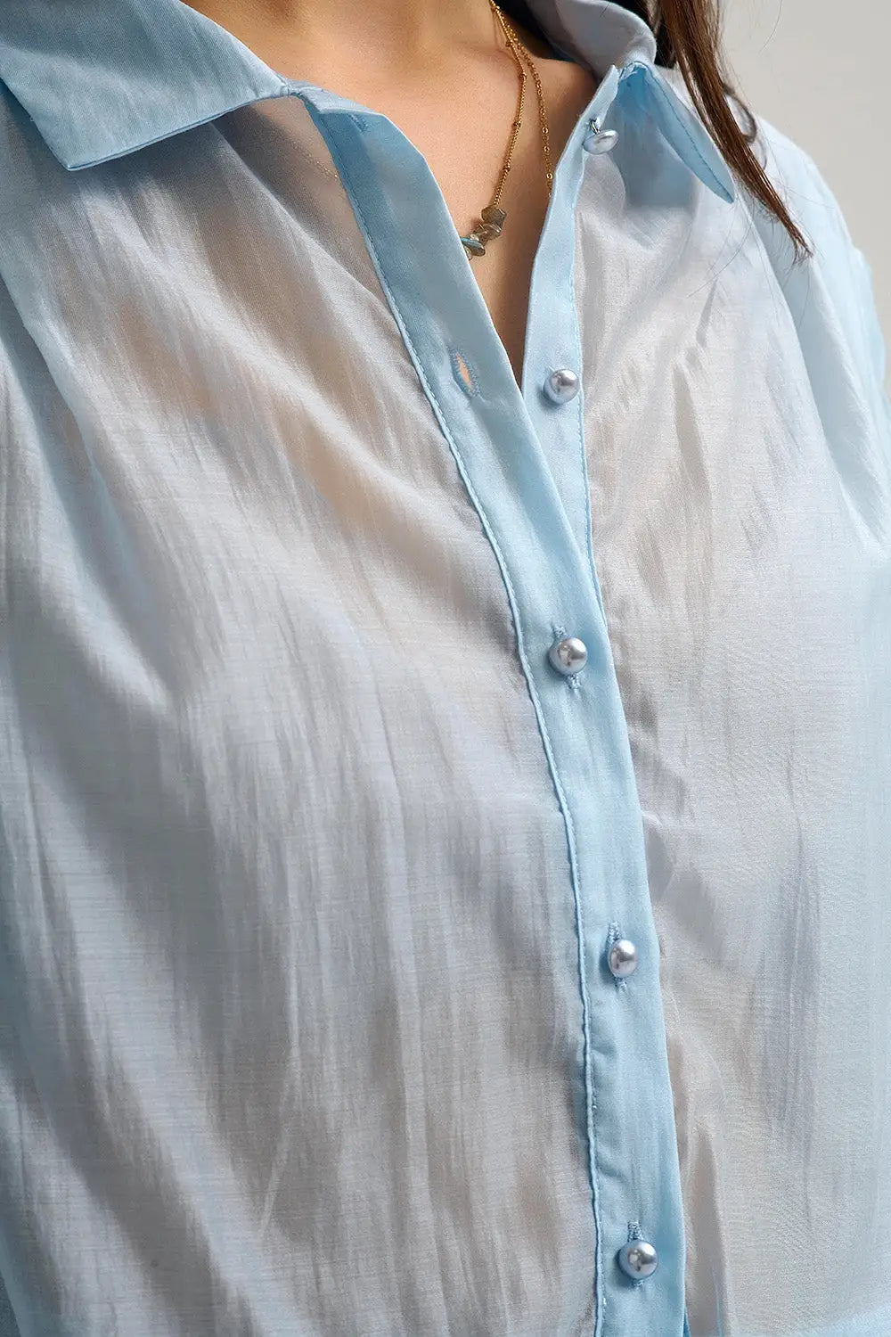 Tencel Silk Blouse in blue with Balloon Sleeves and nacar Buttons - Shirts