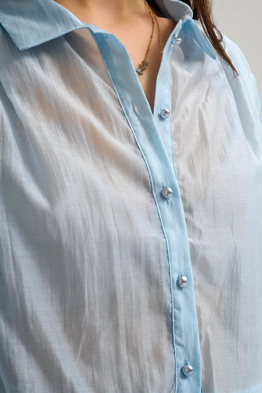 Tencel Silk Blouse in blue with Balloon Sleeves and nacar Buttons - Shirts