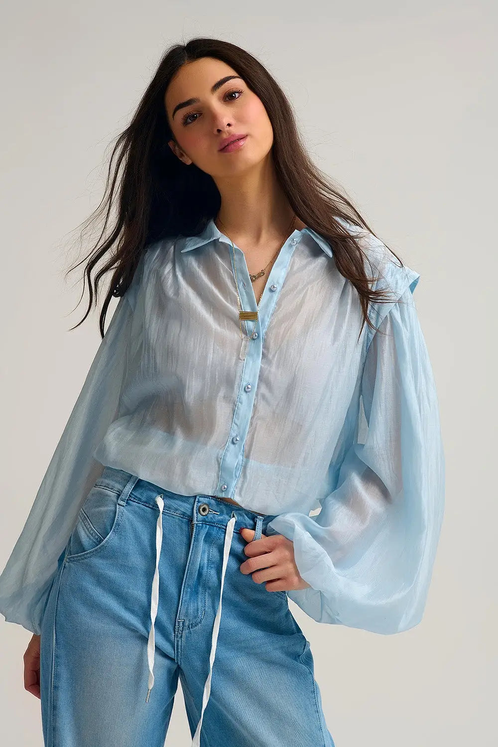 Tencel Silk Blouse in blue with Balloon Sleeves and nacar Buttons - Shirts