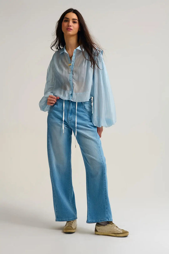 Tencel Silk Blouse in blue with Balloon Sleeves and nacar Buttons - Shirts