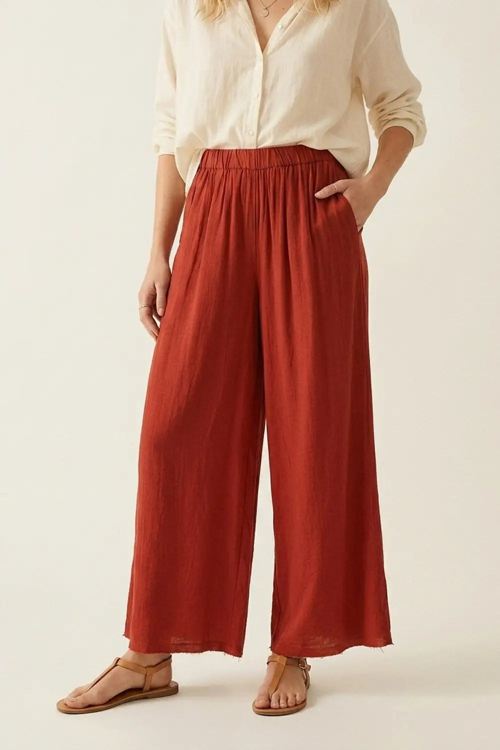 Q2 Terracotta Wide Leg Relaxed Fit Lightweight Pants