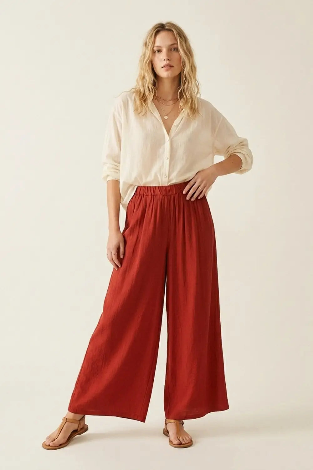 Terracotta Wide Leg Relaxed Fit Lightweight Pants - Pants